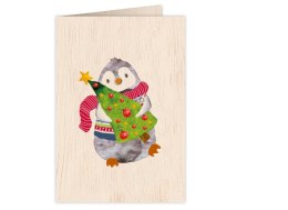 Karnet drewniany C6 + koperta Święta Pingwin