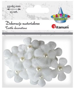 Ozdoba materiałowa kwiaty 3D z perełką białe 15szt