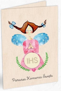 Karnet drewniany C6 Komunia dziewczynka + koperta