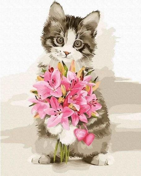 Malowanie po numerach - Kwiaty od kotka 40x50cm