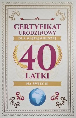 Karnet Certyfikat Urodzinowy 40 urodziny damskie