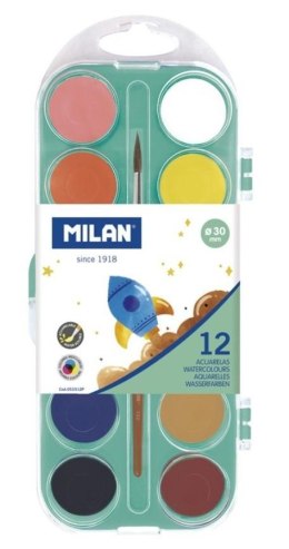 Farby akwarelowe 12 kolory 30mm z pędzelkiem MILAN